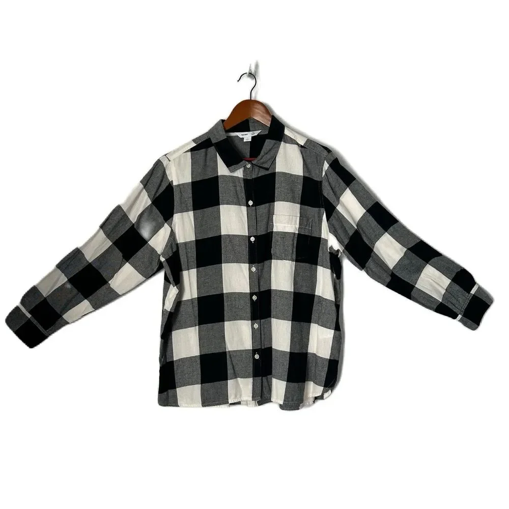 Old Navy Shirt Women XXL Black White Plaid Buffalo Classic Flannel Preppy Casual - Picture 1 of 12